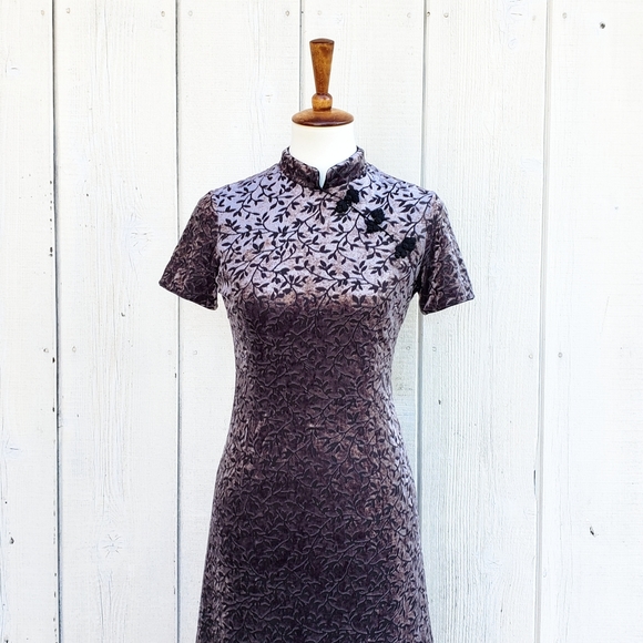 Vintage 90s Michel Klein Paris Designer Velvet Floral Dress Size 4 XS - Picture 3 of 8